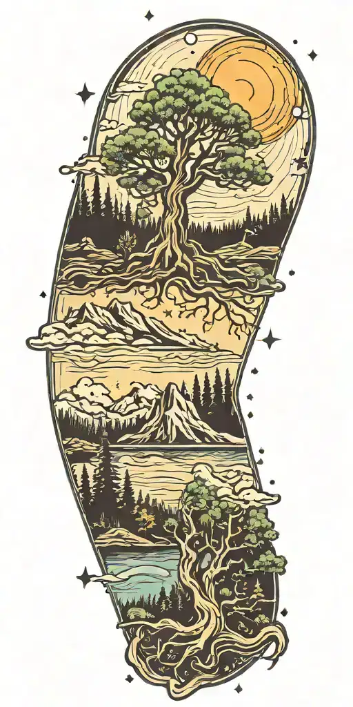 aquarius constellation with mountains with forest with river and small campfire and biggest tree in middle tattoo design idea