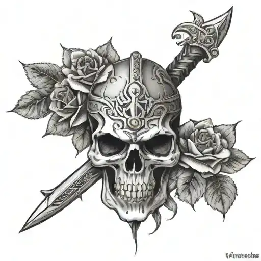 Vikings skull roses tattoo design idea