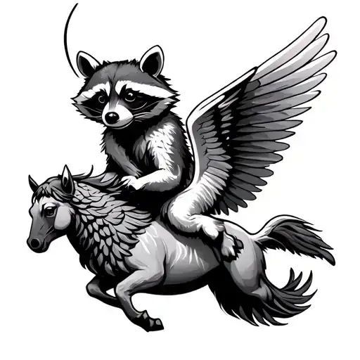 Raccoon Riding a Pegasus flying tattoo design idea