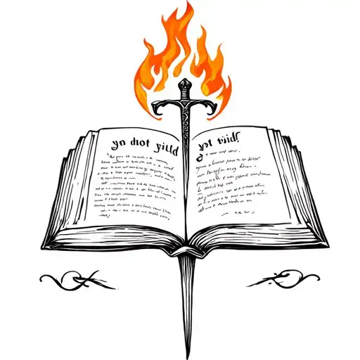 Open book with sword and heart on fire with the quote “you do not yield” tattoo design idea