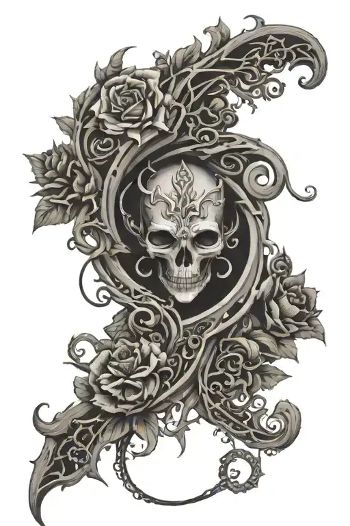 the symbol of Slaanesh surrounded by flowers and vines tattoo design idea