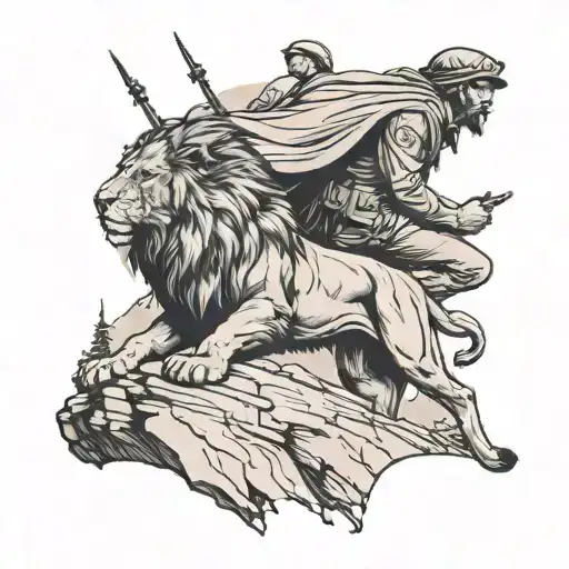 lion behind a soldier standing on a mountain tattoo design idea
