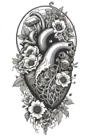 abstract design human heart, poppies, anemones, mushrooms, music, love tattoo design idea