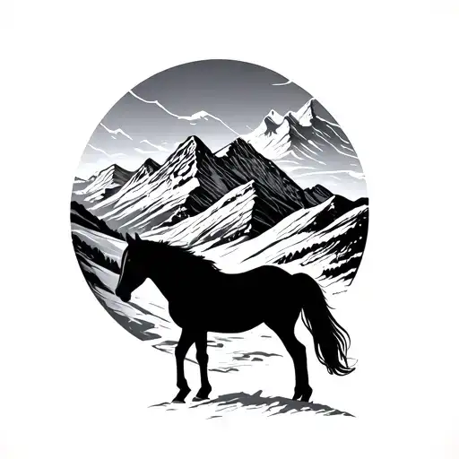 Swiss alps with horse on bottom tattoo design idea