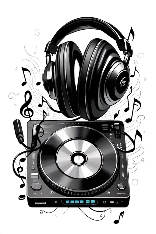 cdj and headphones and music notes floating tattoo design idea