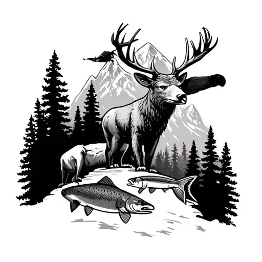 create a tattoo that has a deer, bear, eagle, trout, catfish in a mountain forest tattoo design idea