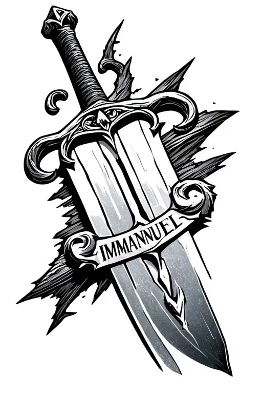 A sword forarm tattoo without hilts with the word ‏immanuel Sliced through the middle like in the logo of adventure time tattoo design idea
