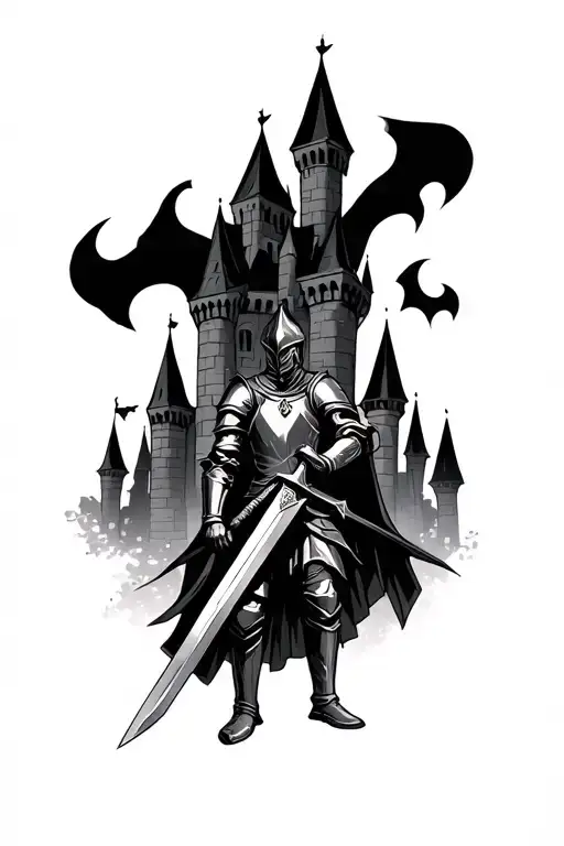 knight holding a sword in front of a gothic castle  tattoo design idea