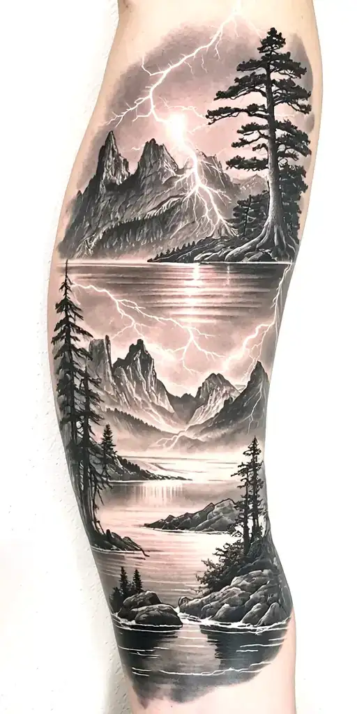 nature, fjord , thunder lightning, big tree with HM tattoo tattoo design idea