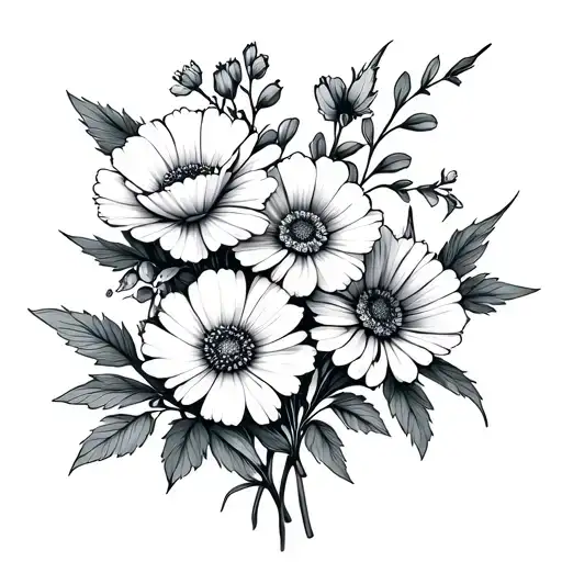 dainty fine line style bouquet of 4 flowers: carnation, sweet pea, larkspur and aster tattoo design idea