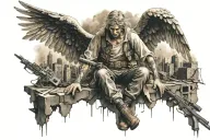War ravaged guardian angel with weapons looking down on destroyed city  tattoo design idea