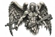 War ravaged guardian angel with weapons looking down on destroyed city  tattoo design idea