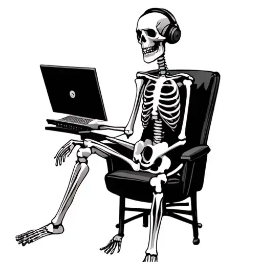 skeleton sitting on chair listening to music on headphones, front/side pov tattoo design idea