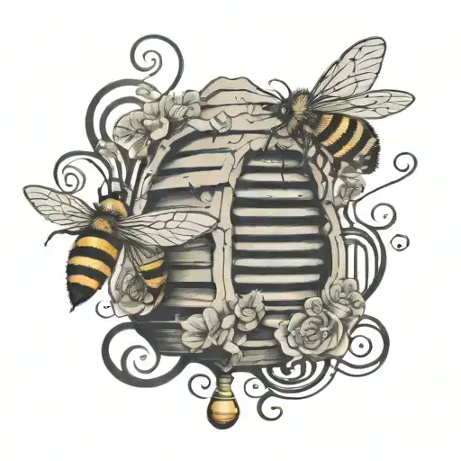 Musical notes swirling around a honey bee hive tattoo design idea