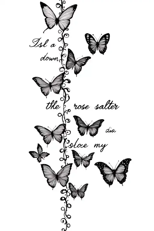 butterflies at the top of my spine with vertical writing saying isla rose salter down the middle of my spine tattoo design idea