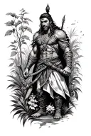warrior in a garden scene tattoo design idea