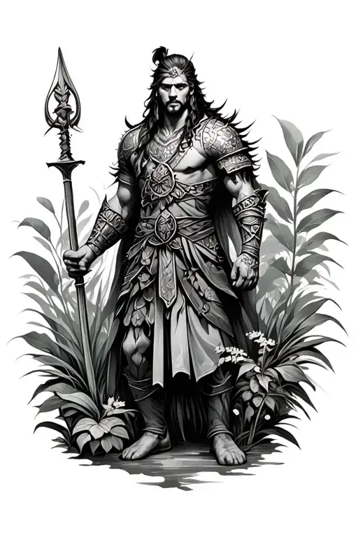 warrior in a garden scene tattoo design idea