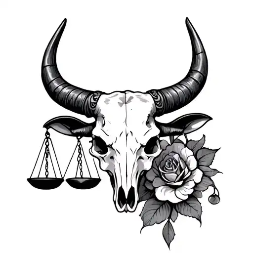 libra scales and feminine taurus bull skull tattoo design idea