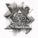 A geometric pattern incorporating elements of coding and software development, intertwined with symbols of hiking trails and bicycles tattoo design idea