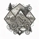 A geometric pattern incorporating elements of coding and software development, intertwined with symbols of hiking trails and bicycles tattoo design idea
