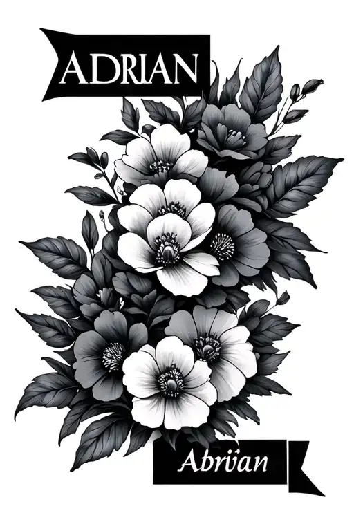 the name Adrian with flowers tattoo design idea