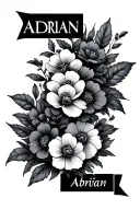 the name Adrian with flowers tattoo design idea
