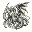 dragon breathing fire while holding battle axe with hind legs tattoo design idea