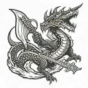 dragon breathing fire while holding battle axe with hind legs tattoo design idea