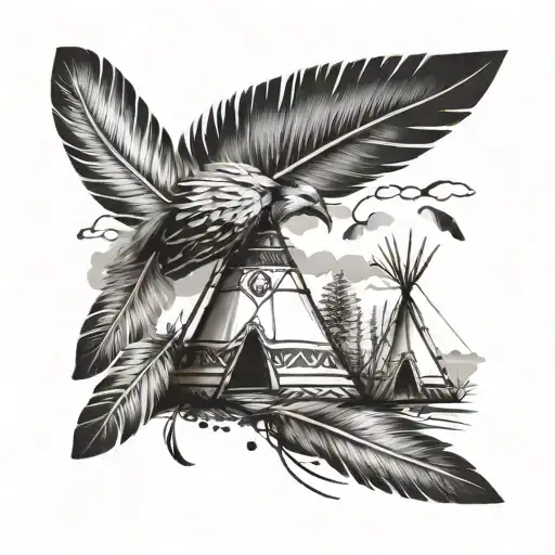 indian village, tipi feathers birds tattoo design idea