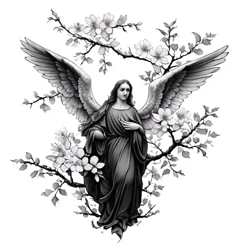 cherry blossoms and angel Gabriel tattoo design idea
