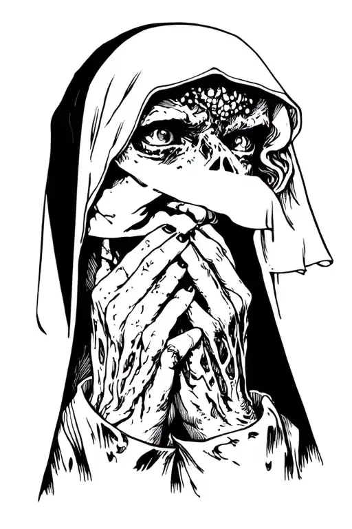 dark medieval zombie nun shushing tattoo design idea