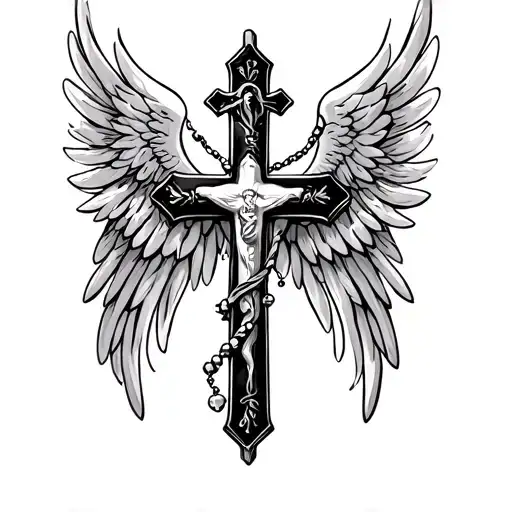 Cross with Rosary wrapped around and angel wings on the side  tattoo design idea