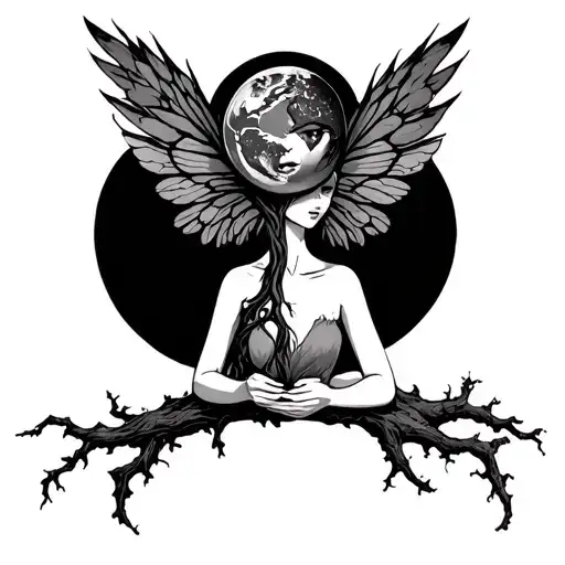 woman holding earth tree fairy wings tattoo design idea