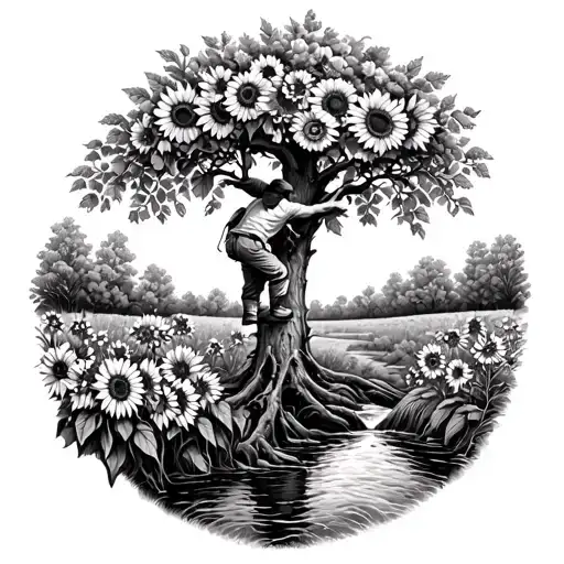 A detailed arborist climbing a tree surrounded by sunflowers and a flowing creek tattoo design idea