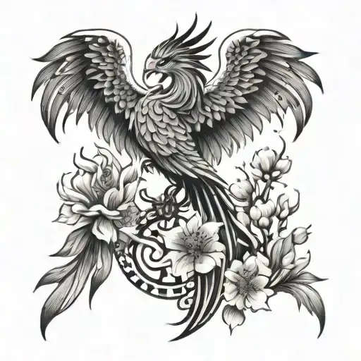 phoenix surrounded by fire and cherry blossoms with geometric shapes tattoo design idea