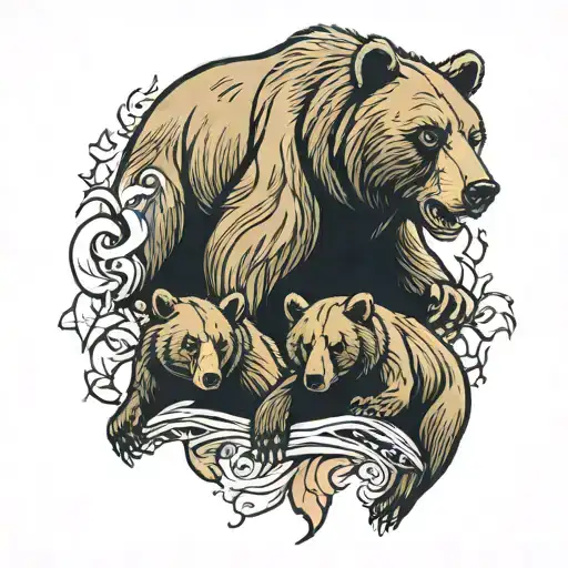 growling bear with mother bear and 3 cubs tattoo design idea