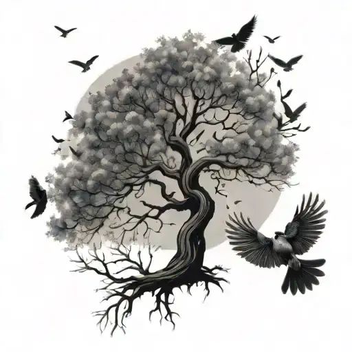 posion tree with birds flying tattoo design idea