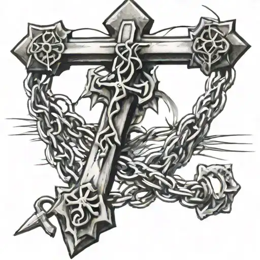 cross with barbed wire and a rosary  tattoo design idea