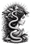 Psychedelic mandala artwork including a Mother Earth woman, DNA made out of snakes, one frog, and mushrooms tattoo design idea