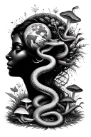 Psychedelic mandala artwork including a Mother Earth woman, DNA made out of snakes, one frog, and mushrooms tattoo design idea