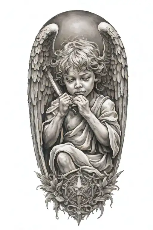 a crying angel is a child made of stone with a fiery sword, many gray shades, soft shadows, smooth transitions tattoo design idea
