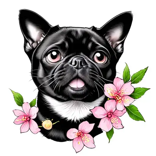 A PUG NEXT TO A BLACK CAT AND A CHERRY BLOSSOMS tattoo design idea