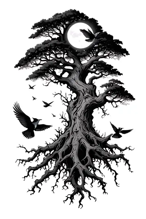 poison tree with a small moon at the top and birds flying around tattoo design idea