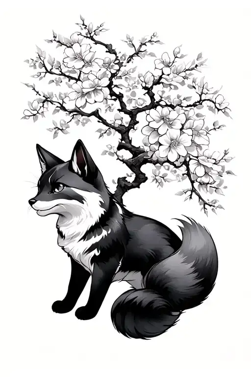 japanese kitsune with sakura tree tattoo design idea