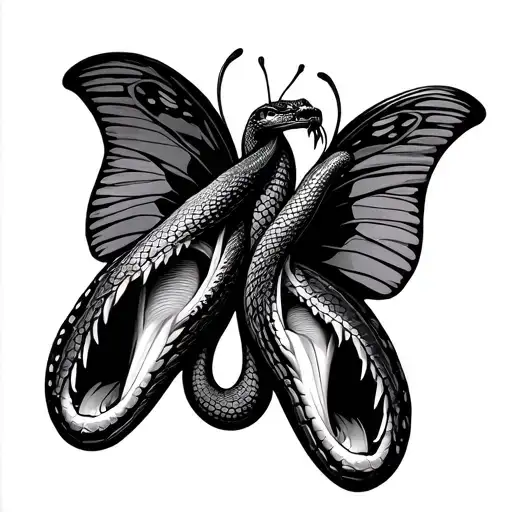 two snake heads with open mouths that are the wings of a butterfly tattoo design idea
