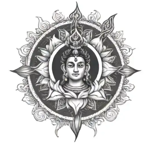 A beautiful blend of vertical third eye of lord shiva, lotus, mandala and trident. Symbolising fireceness yet calmness.  tattoo design idea