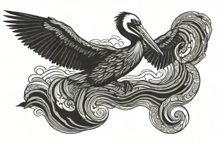 pelican silhouette flying over waves with setting sun tattoo design idea