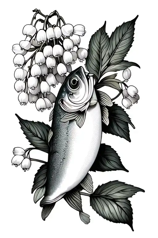 lily of the valley and hawthorn flowers with striped bass tattoo design idea