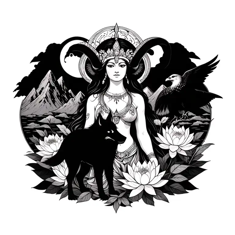 Aries Goddess Surrounded By Poeny And Lotus Flowers With A Black Wolf and a hawk in a Mountains Range with the moon  tattoo design idea