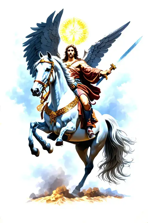 st michael archangel on a horse energetically, with a sword up into the air, halo, perspective from below heroic tattoo design idea